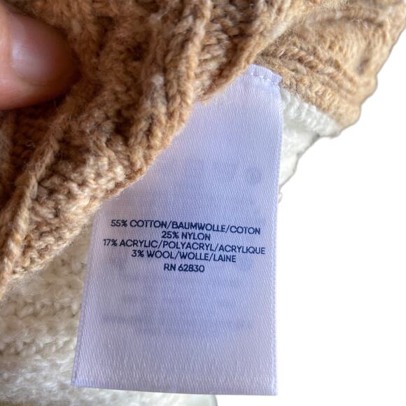 Lands End White Beige Colorblock Cable Knit Oversize Fisherman Sweater Sz Large - Picture 11 of 16